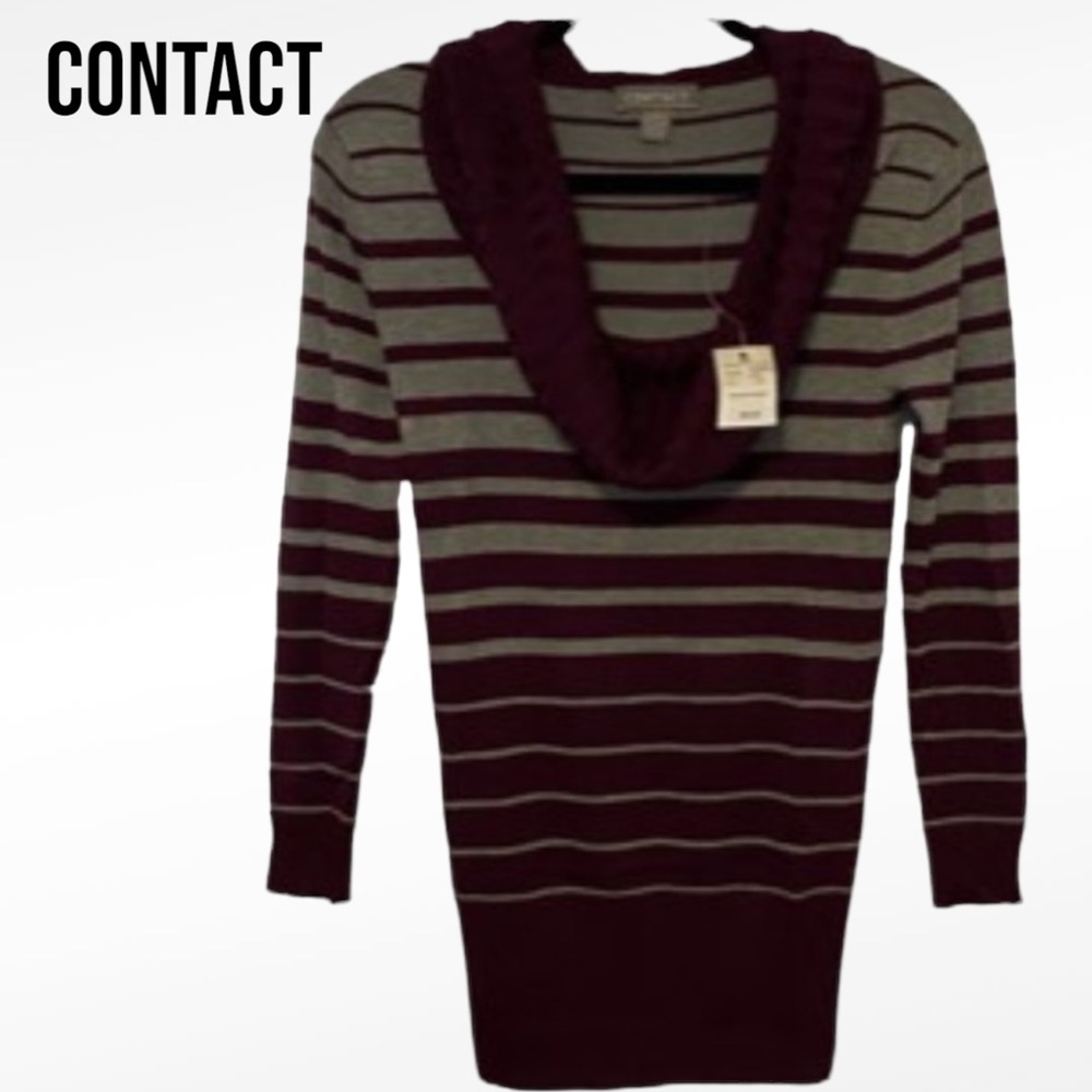 NWT Contact STRIPED COWL NECK KNIT SWEATER Women’s XL BURGUNDY GRAY